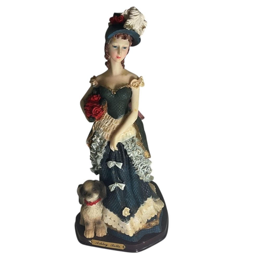 Ashley Belle Mirella Collection Victorian Lady Figurine w/ Dog Roses Hand Painte